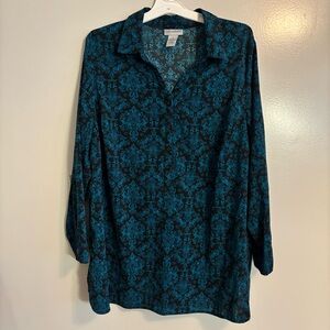 Catherines 1X (18/20W) teal & black baroque print blouse